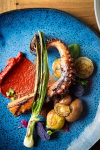Grilled Octopus with Vegetables – Food Photography A vibrant dish of grilled octopus served with roasted vegetables and a red sauce, artistically plated on a blue ceramic dish.