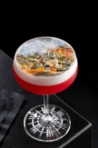 phoenix-cityscape-cocktail-top-view A top view of an artistic cocktail with a Phoenix cityscape design on the frothy top layer.