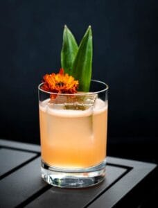 tropical-cocktail-with-flower-garnish A tropical cocktail garnished with a vibrant flower and pineapple leaves, set against a dark background, offering a taste of paradise.